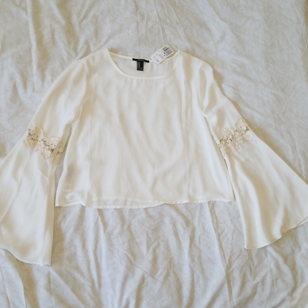 White Bell Sleeve Top with Woven  Details
